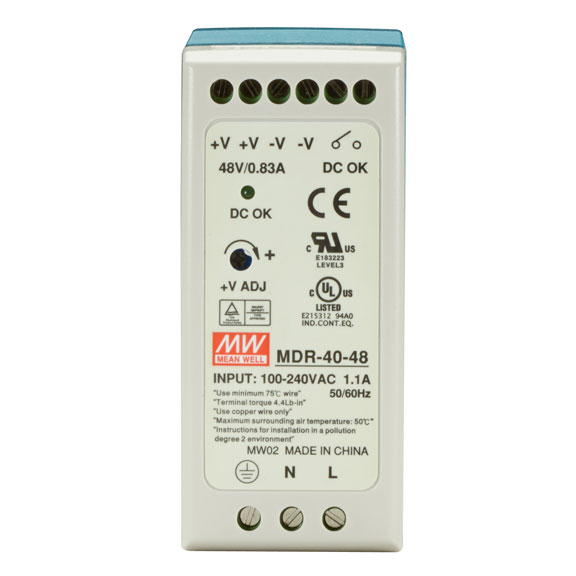 mdr-40-48, ac/dc-конвертор на din-рейку 40вт, выход 48в/0,83a, рег. вых 48…56в, вход 85…264v ac, 47…63гц /120…370в dc, изоляция 3000в ac, 40х90х100мм, -20…+70°с MDR-40-48, AC/DC-конвертор на DIN-рейку 40Вт, выход 48В/0,83A, рег. вых 48…56В, вход 85…264V AC, 47…63Гц /120…370В DC, изоляция 3000В AC, 40х90х100мм, -20…+70°С